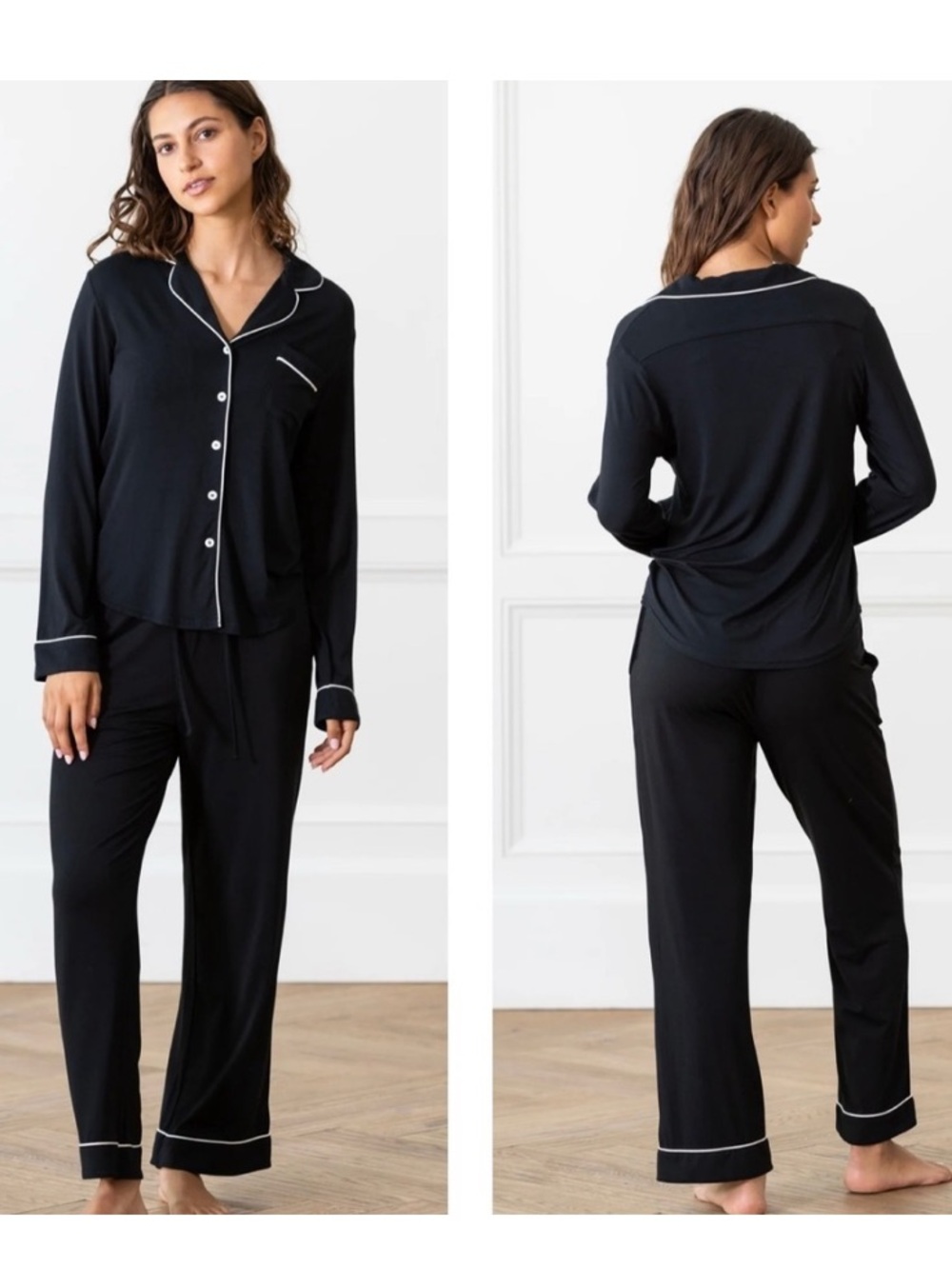 Cozy Earth Women's Black Long Sleeve Pajama Set with White Piping XXL New
